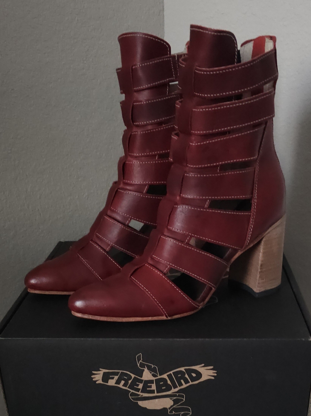 New Freebird by Steven Jagger Leather Red Strappy Block Heel Boots Size 10